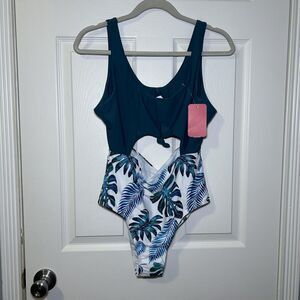PatPat One Piece Swimsuit Women's XL Teal Tropical Leaf Print Cutout Tank Suit